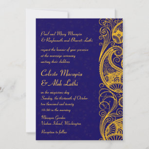 Royal Blue Gold Paisley Hindu Indian Wedding Invitation