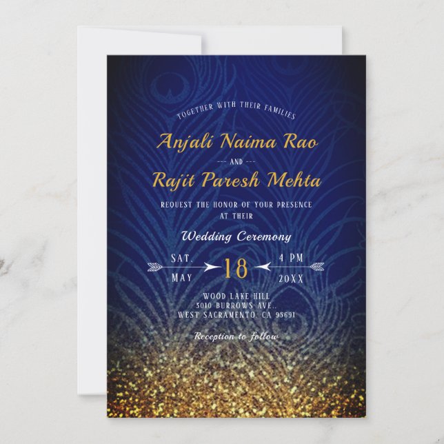 Royal Blue & Gold Peacock Feather Indian Wedding Invitation (Front)