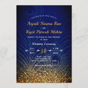 Royal Blue & Gold Peacock Feather Indian Wedding Invitation