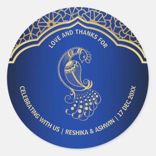 Royal blue gold peacock Indian Arabian design Gift Classic Round Sticker