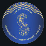 Royal blue gold peacock Indian Arabian design Gift Classic Round Sticker<br><div class="desc">Royal blue gold peacock Indian Arabian design personalised favor gift stickers.</div>