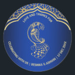 Royal blue gold peacock Indian Arabian design Gift Classic Round Sticker<br><div class="desc">Royal blue gold peacock Indian Arabian design personalised favor gift stickers.</div>