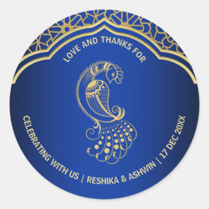 Royal blue gold peacock Indian Arabian design Gift Classic Round Sticker