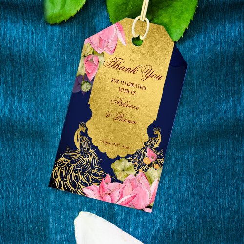 Royal blue gold peacock lotus Indian wedding Gift Tags