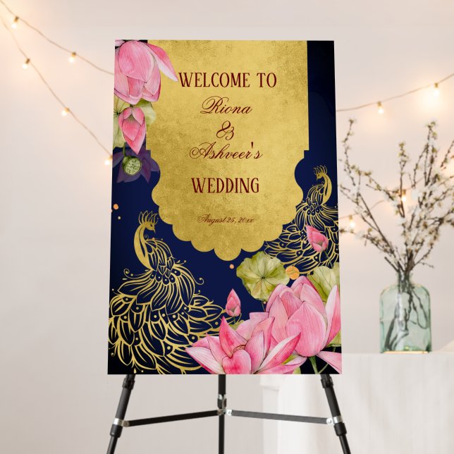 Royal blue gold peacock lotus Indian welcome sign (In Situ (Stand))