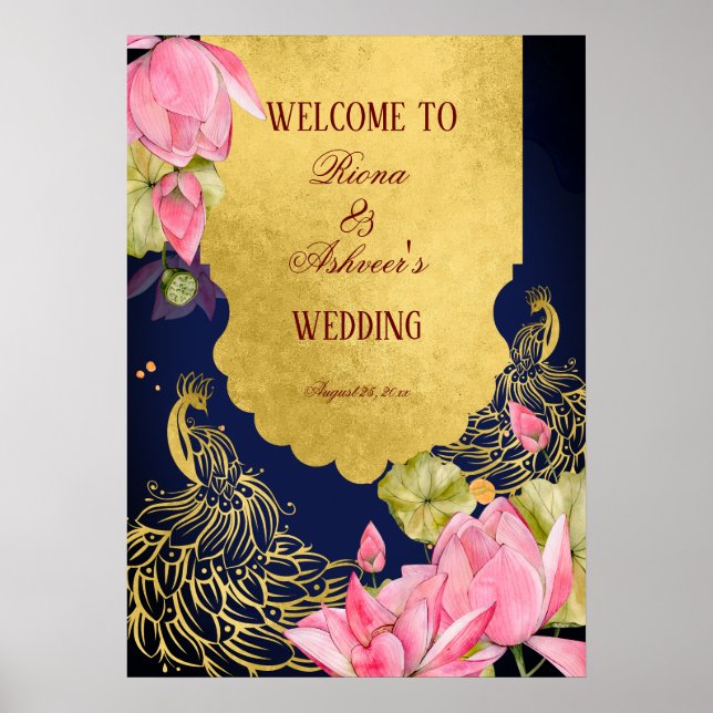 Royal blue gold peacock lotus Indian welcome sign (Front)