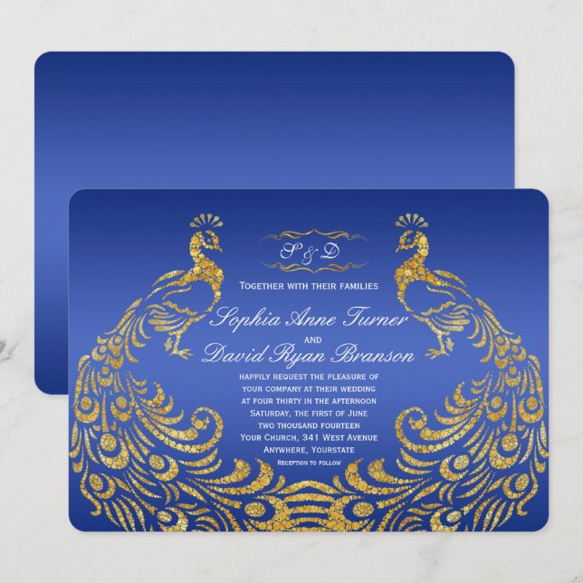 Royal Blue Gold Peacock Wedding Invitation (Front/Back)