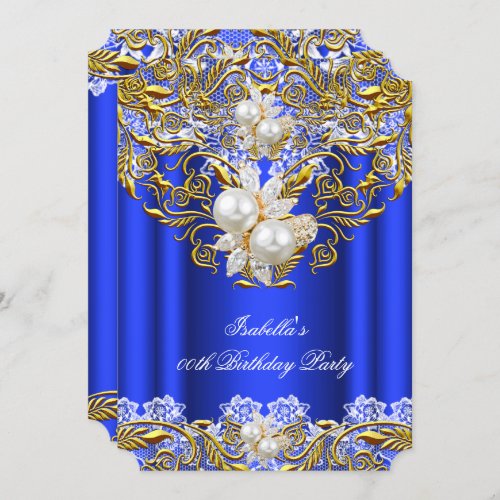 Royal Blue Gold Pearl Elegant Birthday Party 2 Invitation
