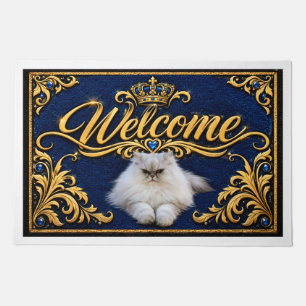 Royal Blue & Gold Persian Cat Welcome Doormat Re