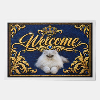 Royal Blue & Gold Persian Cat Welcome Doormat | Re