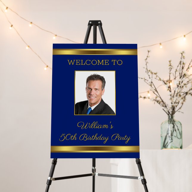 Royal Blue Gold Photo Birthday Party Welcome Sign (In Situ (Stand))