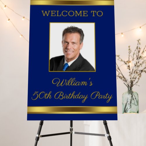 Royal Blue Gold Photo Birthday Party Welcome Sign