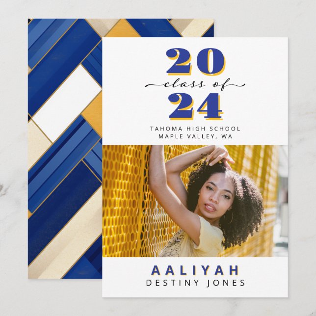 Royal Blue + Gold Photo Graduation Announcement (Front/Back)