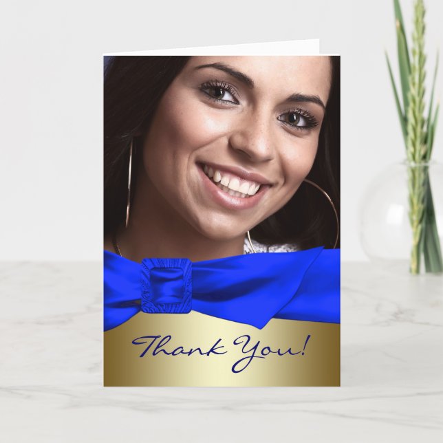 Royal Blue Gold Photo Quinceanera Thank You Cards (Front)