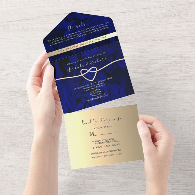Royal Blue Gold Photo Wedding All In One Invitation (Tearaway)