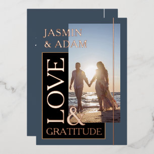 Royal Blue Gold Photo Wedding Love and Gratitude Foil Invitation