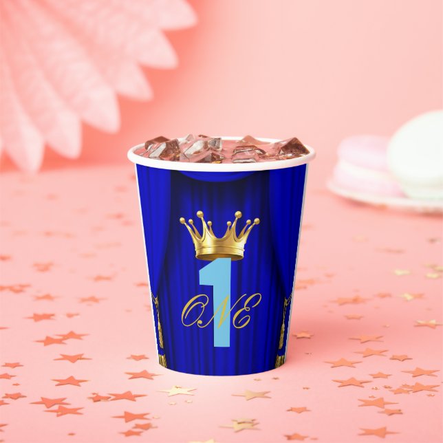 Royal Blue & Gold Prince 1st 1 Birthday Party Paper Cups (Insitu)
