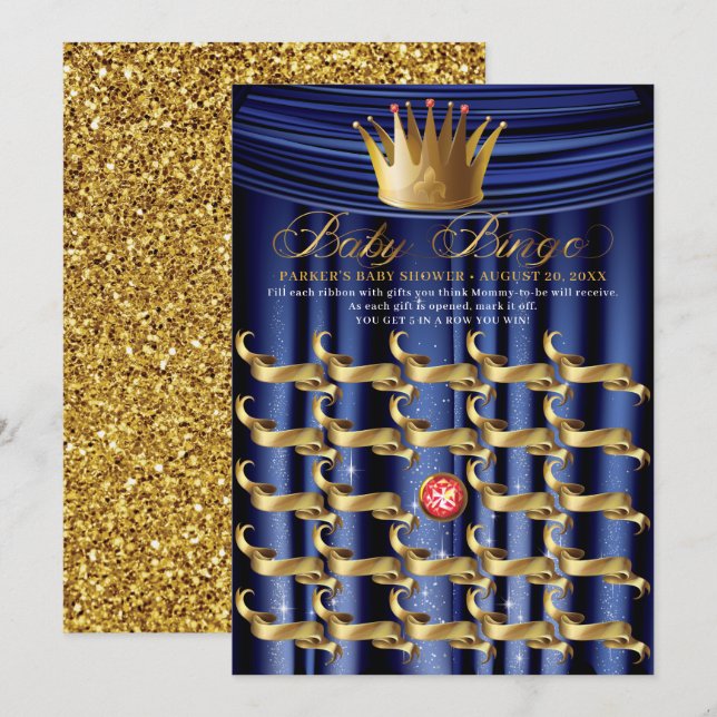Royal Blue Gold Prince Baby Bingo Invitation (Front/Back)
