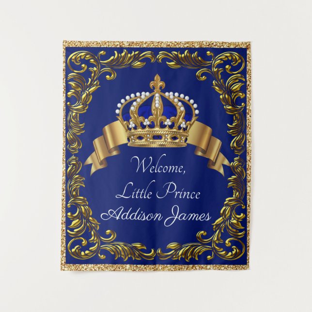 Royal Blue Gold Prince Baby Shower Backdrop (Front)