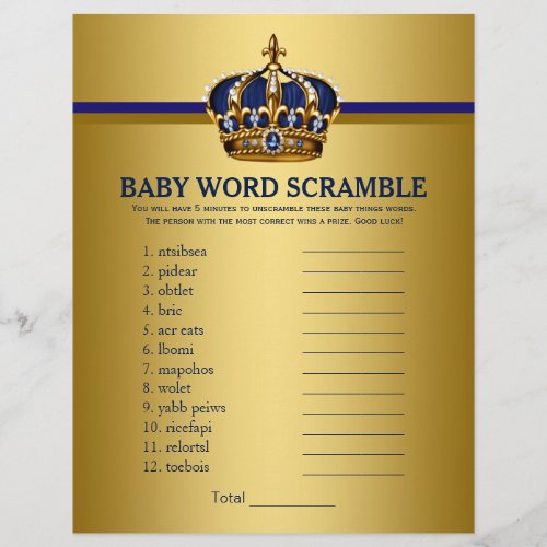 Royal Blue Gold Prince Baby Shower Games Flyer