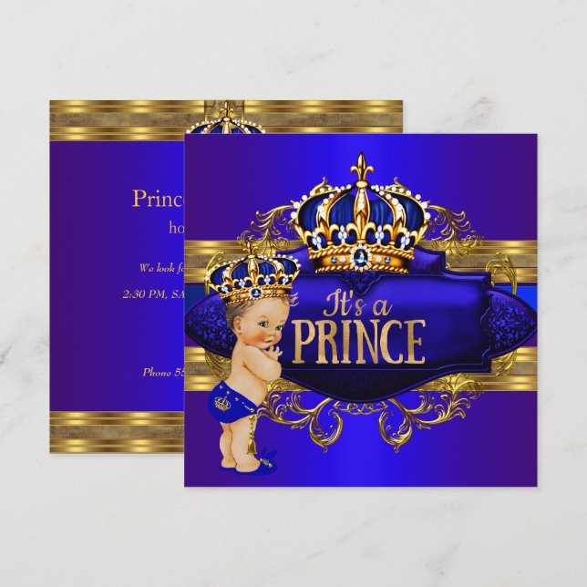 Royal Blue Gold Prince Baby Shower Invitation (Front/Back)