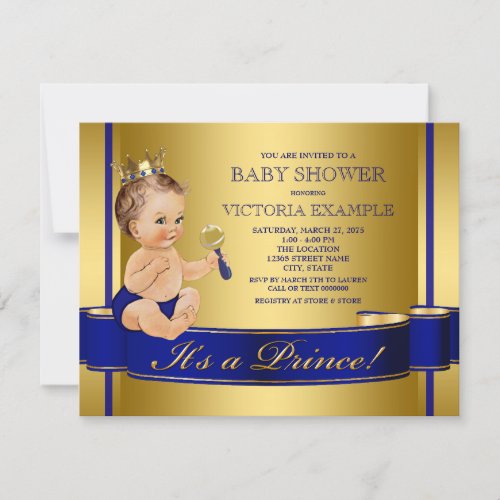 Royal Blue Gold Prince Baby Shower Invitation