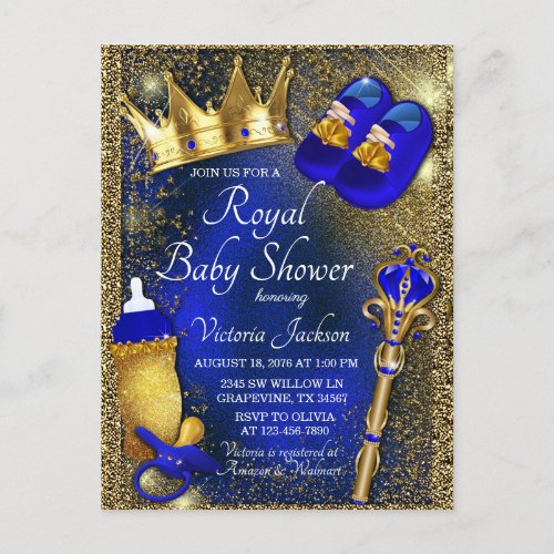 Royal Blue Gold Prince Baby Shower Invitation Postcard