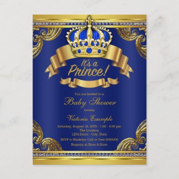 Royal Blue Gold Prince Baby Shower Invitation Postcard by BabyCentral at Zazzle