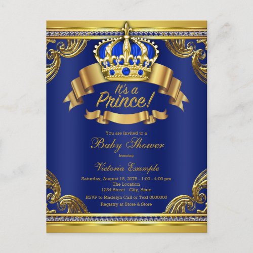Royal Blue Gold Prince Baby Shower Invitation Postcard
