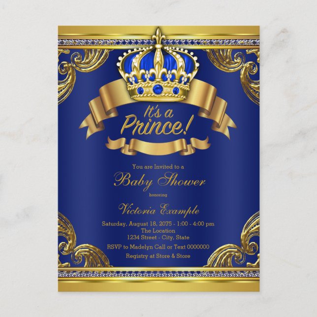 Royal Blue Gold Prince Baby Shower Invitation Postcard (Front)