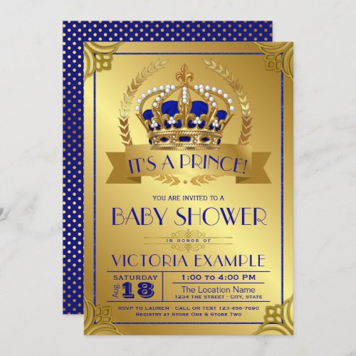 Royal Blue Gold Prince Baby Shower Invitations