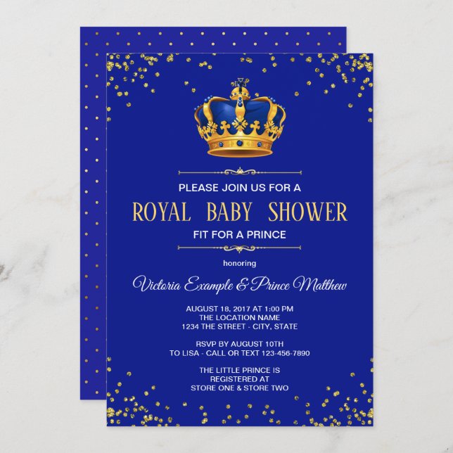 Royal Blue Gold Prince Baby Shower Invitations (Front/Back)