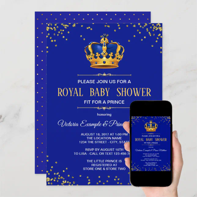 Royal Prince Baby Shower Invitation Blue and Gold Little 