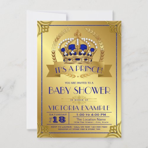 Royal Blue Gold Prince Baby Shower Invitations