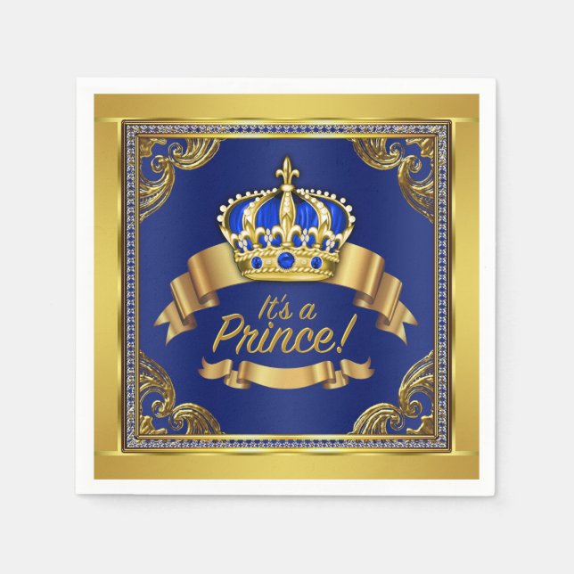 Royal Blue Gold Prince Baby Shower Napkins (Front)