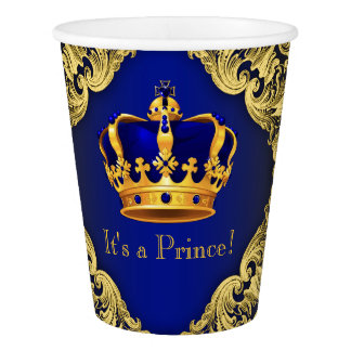 Royal Blue Gold Prince Baby Shower Paper Cup