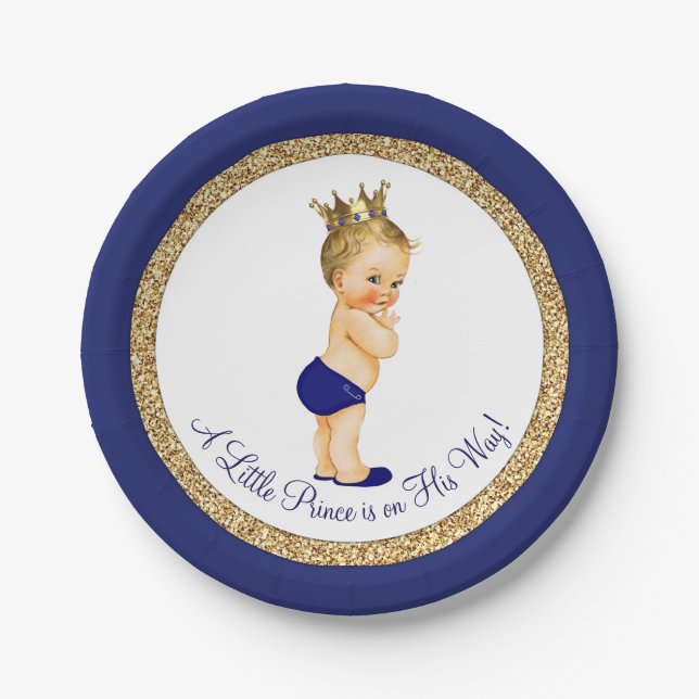 Royal Blue Gold Prince Baby Shower Paper Plates (Front)