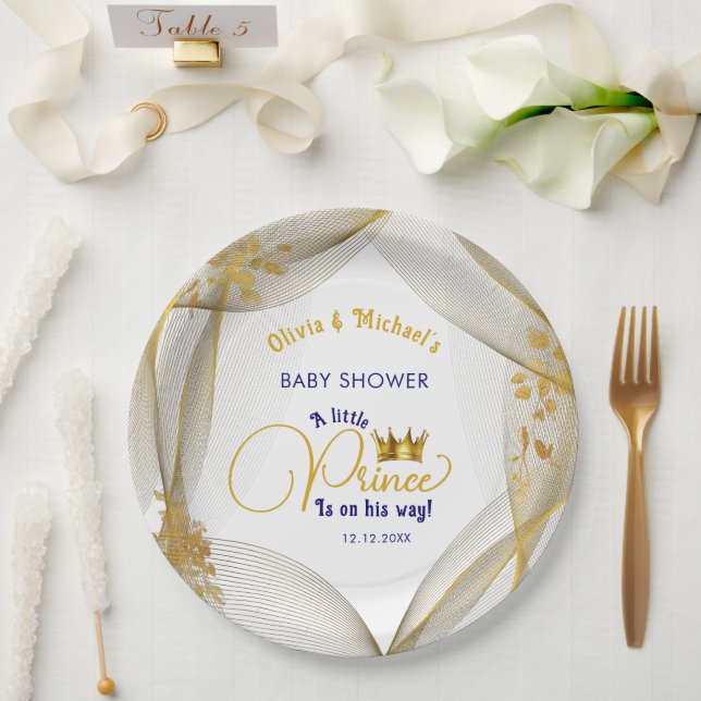 Royal Blue Gold Prince Baby Shower Paper Plates (Wedding)
