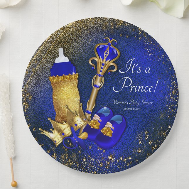 Royal Blue Gold Prince Baby Shower Paper Plates (You can change the text as needed for your event.)