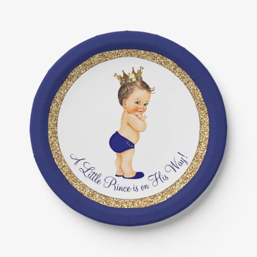 Royal Blue Gold Prince Baby Shower Paper Plates