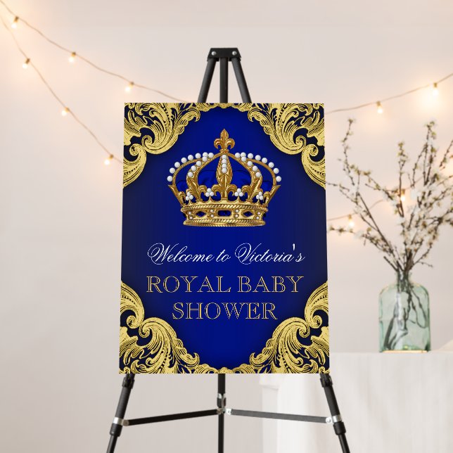 Royal Blue Gold Prince Baby Shower Sign (In Situ (Stand))
