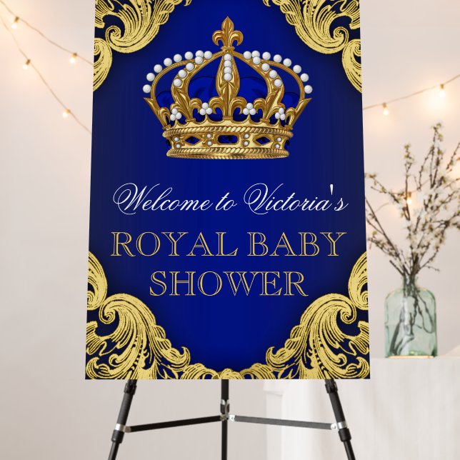 Royal Blue Gold Prince Baby Shower Sign (In Situ (Stand))