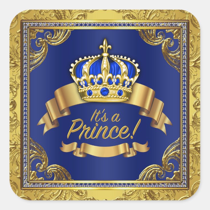 Royal Blue Gold Prince Baby Shower Square Sticker | Zazzle