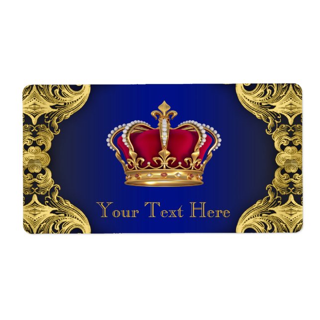 Royal Blue Gold Prince Baby Shower Water Bottle Label (Front)