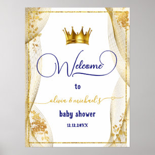 Royal Blue Gold Prince Baby Shower Welcome Poster