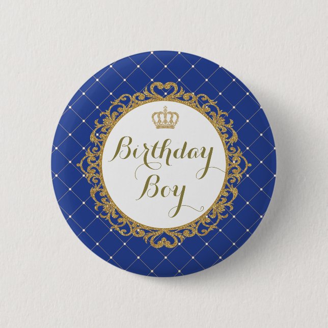 Royal Blue Gold Prince Birthday Boy Round Badge Button (Front)