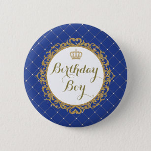 Royal Blue Gold Prince Birthday Boy Round Badge Button