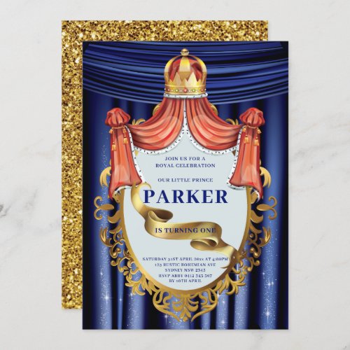 Royal Blue Gold Prince Birthday Invitation