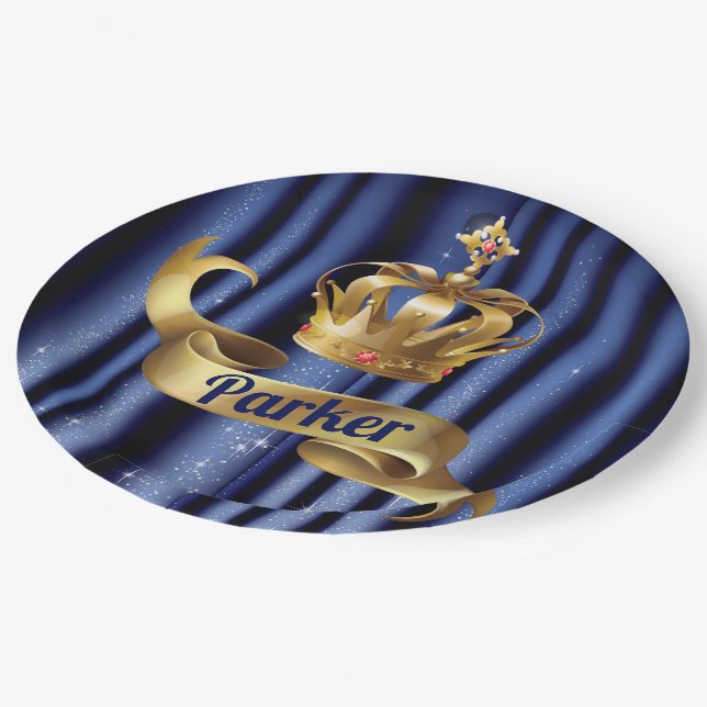 Royal Blue Gold Prince Birthday Paper Plates (Angled)