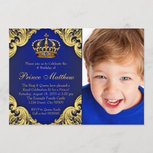 Royal Blue Gold Prince Birthday Party Invitations